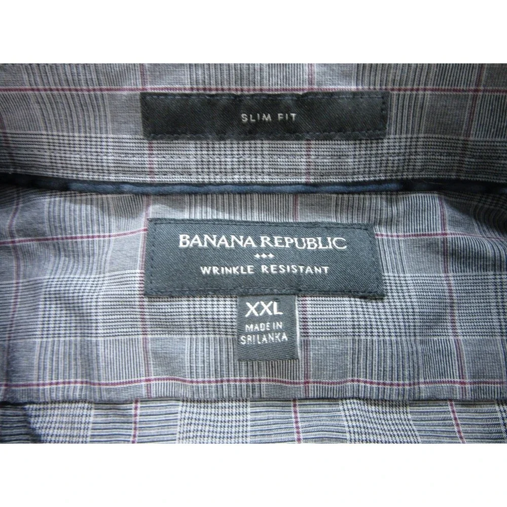 Banana Republic Shirt Men's XXL 2XL Slim Fit Wrinkle Resistant Plaid Gray